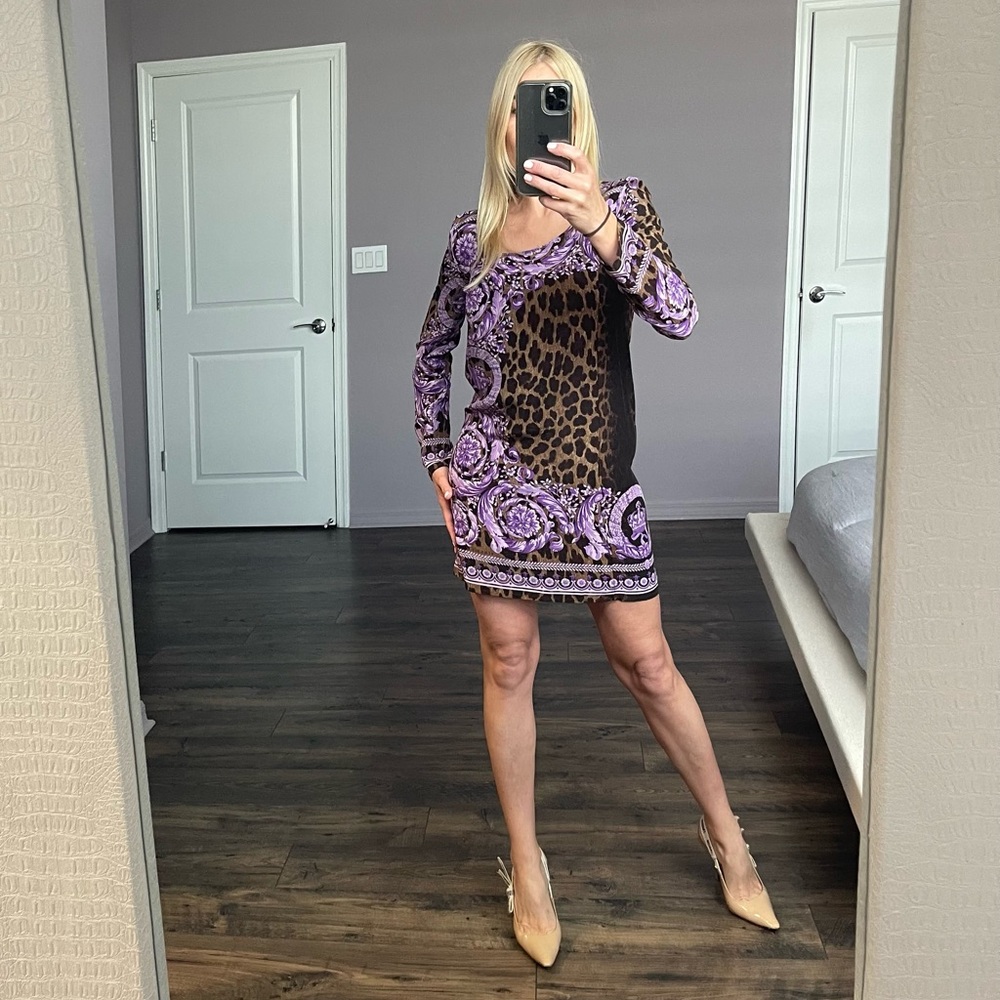 Versace Brown & Purple Animal Print silk round Neck mini dress